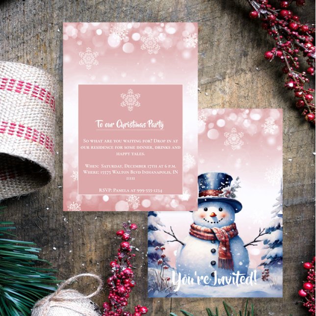 Convites Winter Forest Snowman Natal | Partido Rosa (Pink Winter Forest Snowman Christmas Party Invitation)
