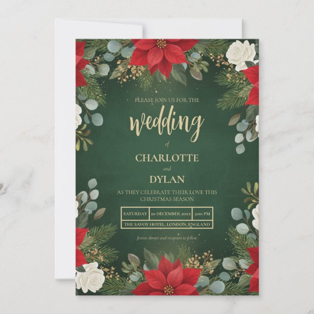 Convites Winter Green Velvet Christmas Floral Wedding (Frente)