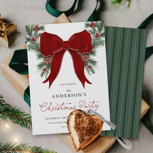 Convites Winter Greenery Christmas Party Invite (Red Bow and Wreath Christmas Party Invitation)
