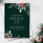 Convites Winter Greenery Corporate Holiday Party<br><div class="desc">Este elegante convite de festas de Natal da empresa apresenta belos verdes e bagas de inverno. O fundo verde escuro é acentuado com o texto de estilo manuscrito de tendência branca.</div>