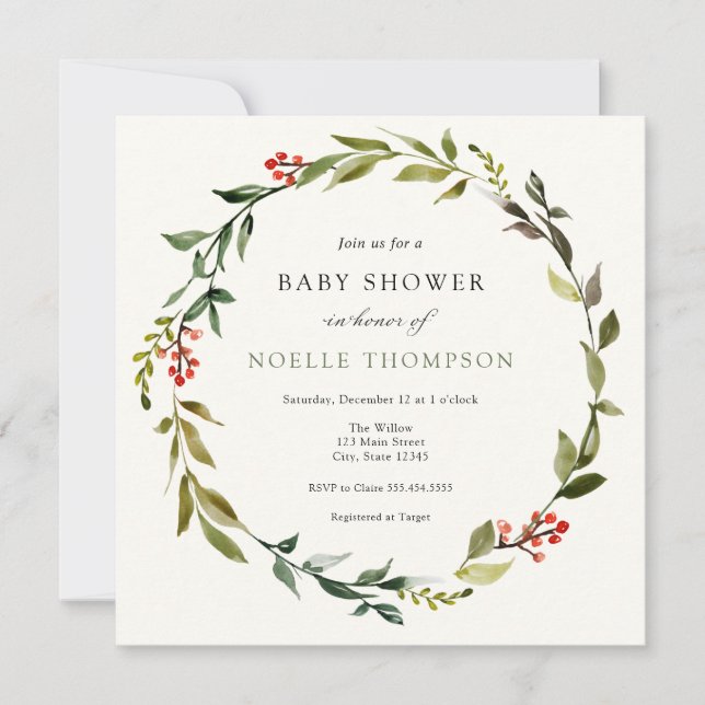 Convites Winter Greenery e Holly Chá de fraldas Invitation (Frente)