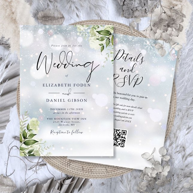 Convites Winter Greenery Floral Código QR Casamento (Winter Greenery Floral QR Code Wedding Invitation)