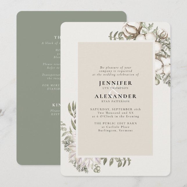 Convites Winter Greenery Floral Green RSVP Código QR Casame (Frente/Verso)
