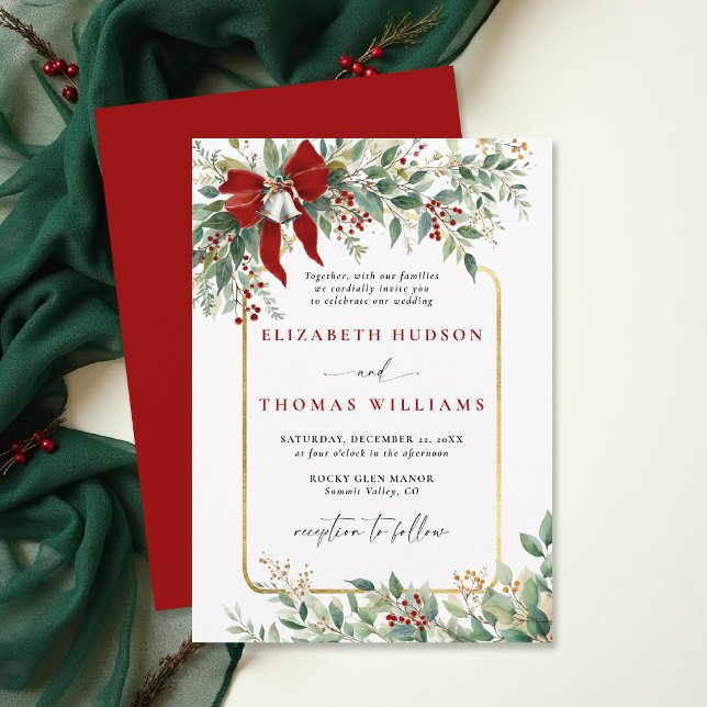 Convites Winter Greenery Red Bow Bells Rustic Frame Wedding (christmas wedding invitation card template design winter greenery botanical rustic chic frame)