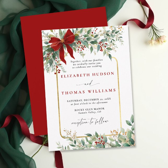 Convites Winter Greenery Red Bow Rustic *Gold Frame Wedding (christmas wedding invitation card template design winter greenery botanical rustic chic golden frame)