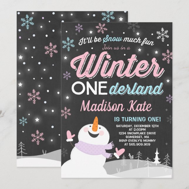 Convites Winter ONE Derland Birthday Invitation Snowman Pin (Frente/Verso)