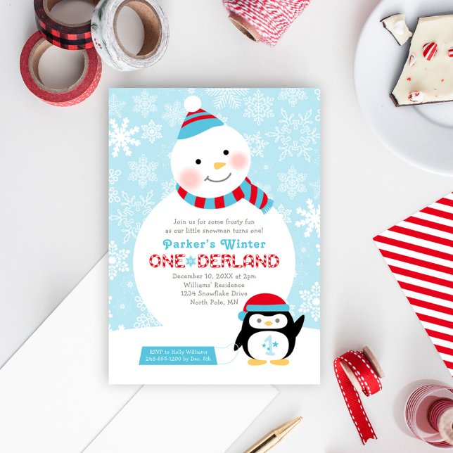 Convites Winter ONE derland Birthday Snowman e Penguin (Criador carregado)