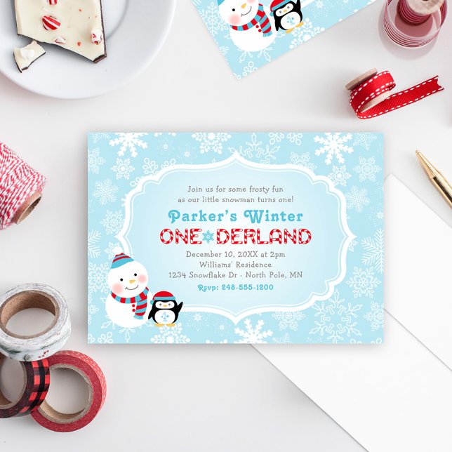 Convites Winter ONE derland Birthday Snowman e Penguin (Criador carregado)