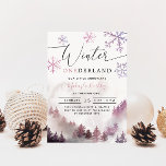 Convites Winter ONE derland Girl primeiro aniversario Mount<br><div class="desc">Cartão de convite de aniversário de moça moderna,  com arte aquosa da montanha de inverno com pinheiros com flocos de neve. O texto diz "Winter ONEDERLAND". Perfeito para o primeiro aniversário de uma garota no inverno.</div>