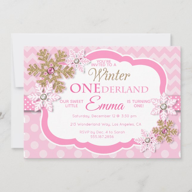 Convites Winter ONE derland Girls First Birthday Invitation (Frente)