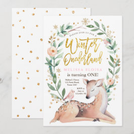 Convites Winter ONE derland Pink Dourado Girl Deer Birthday