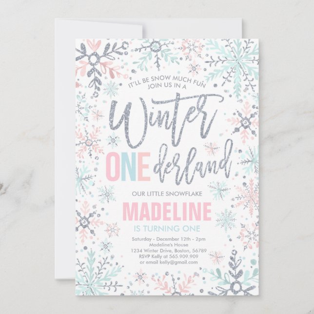 Convites Winter ONE derland Pink Silver Snowflake Aniversár (Frente)