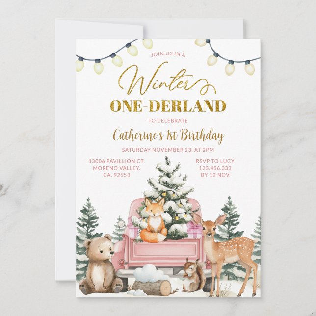 Convites Winter ONE-derland Pink Truck Animals 1st Birthday (Frente)