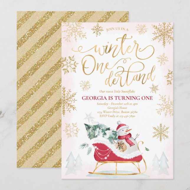 Convites Winter ONE derland Red Winter Sleigh primeiro aniv (Frente/Verso)