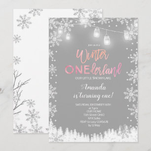 Convites Winter ONE derland Snow Birthday Invite PINK