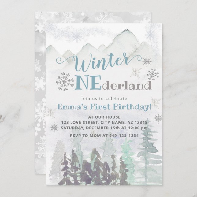 Convites Winter ONE derland Woodland Forest Birthday (Frente/Verso)