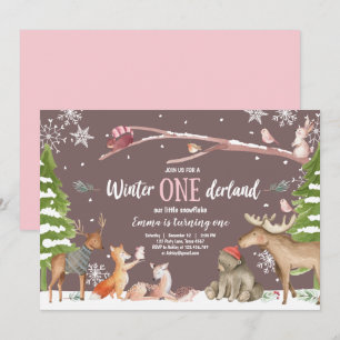 Convites Winter ONE derland Woodland Pink Birthday