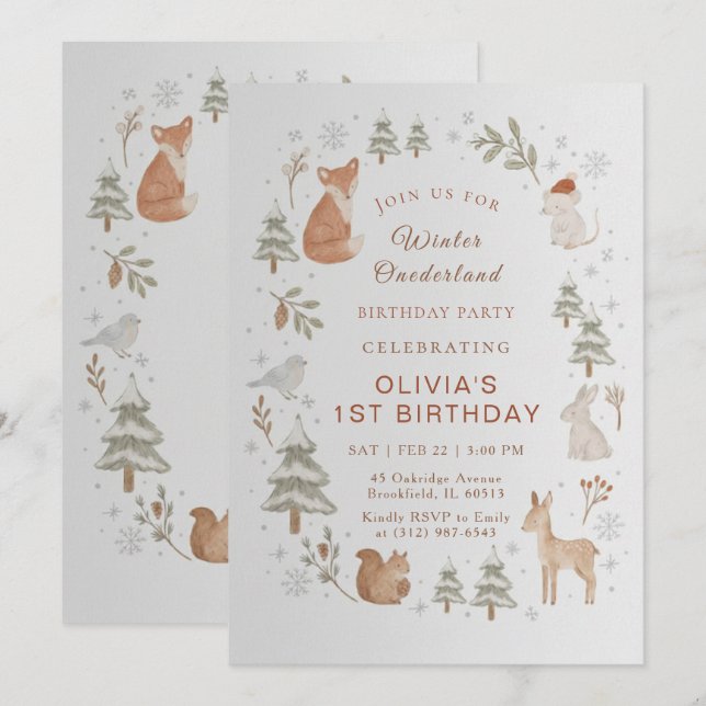 Convites Winter ONEderland 1st Birthday Invitation Editable (Frente/Verso)