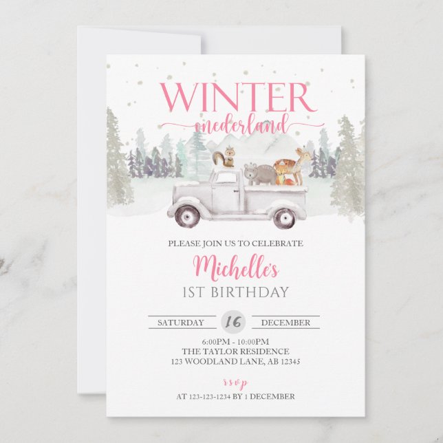 Convites Winter ONEderland, Animal Truck primeiro aniversar (Frente)