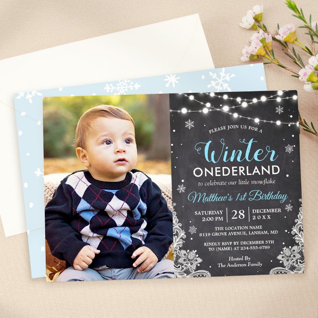 Convites Winter ONEderland Baby Boy First Birthday Foto (Criador carregado)
