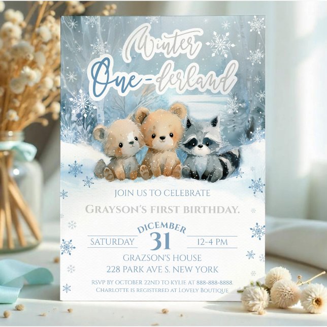 Convites Winter Onederland Bear Baby Blue First Birthday (Criador carregado)