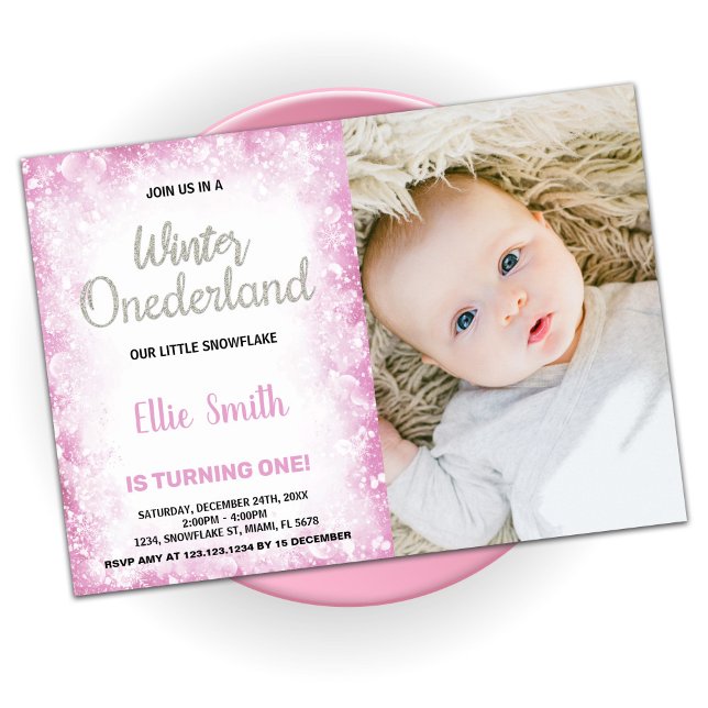 Convites Winter Onederland Birthday Invances Pink Photo (Winter Onederland Birthday Invitations Pink Photo)