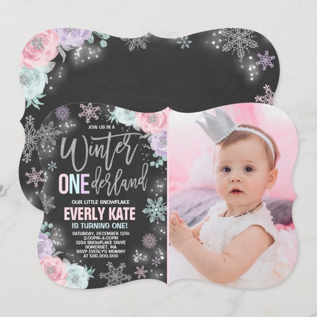 Convites Winter ONEderland Birthday Invitation Pink Silver (Frente/Verso)