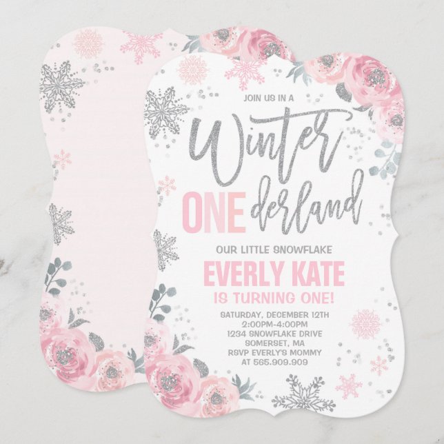 Convites Winter ONEderland Birthday Invitation Pink Silver (Frente/Verso)