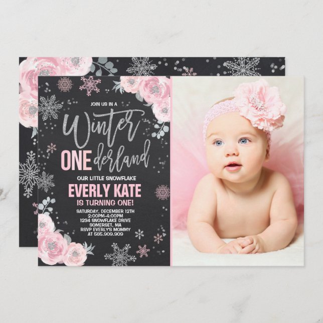 Convites Winter ONEderland Birthday Invitation Pink Silver (Frente/Verso)