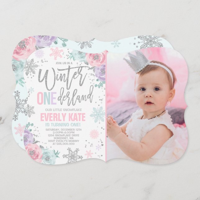 Convites Winter ONEderland Birthday Invitation Pink Silver (Frente/Verso)