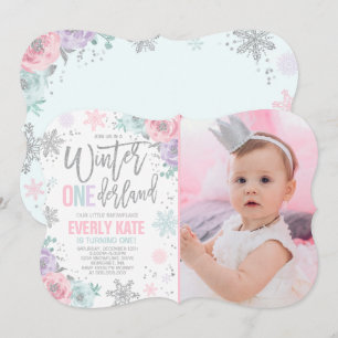 Convites Winter ONEderland Birthday Invitation Pink Silver
