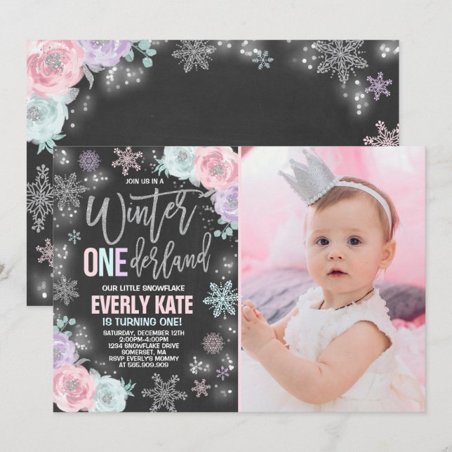 Convites Winter ONEderland Birthday Invitation Pink Silver (Frente/Verso)