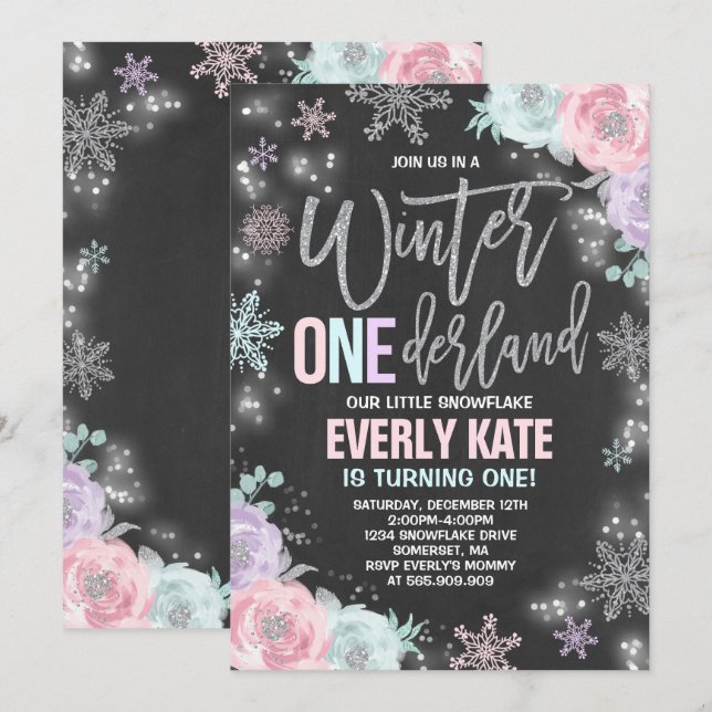 Convites Winter ONEderland Birthday Invitation Pink Silver (Frente/Verso)