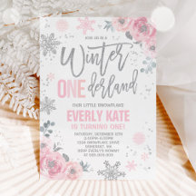 Winter ONEderland Birthday Invitation Pink Silver