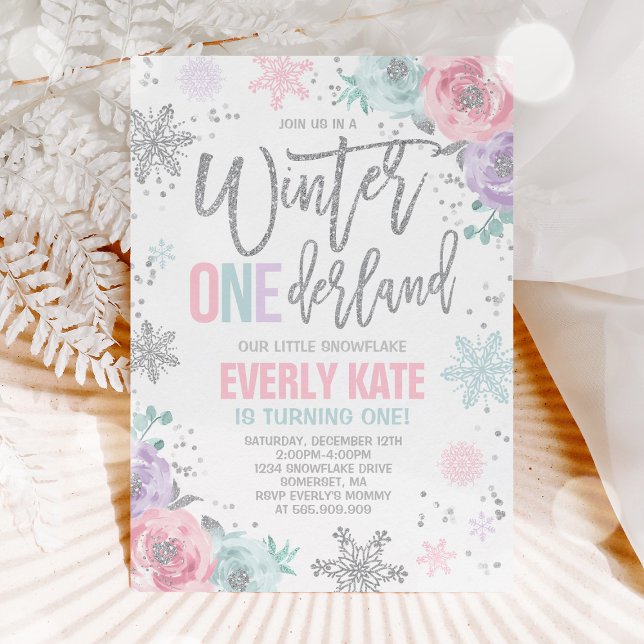 Convites Winter ONEderland Birthday Invitation Pink Silver (Criador carregado)