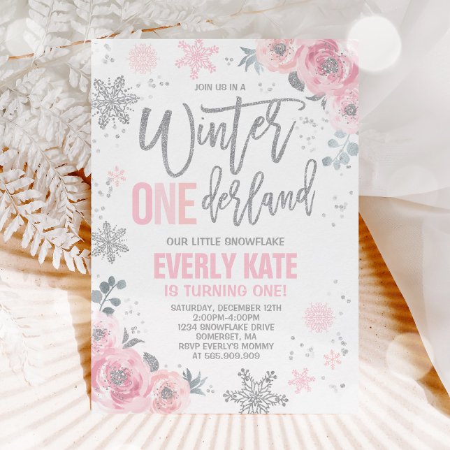 Convites Winter ONEderland Birthday Invitation Pink Silver (Criador carregado)