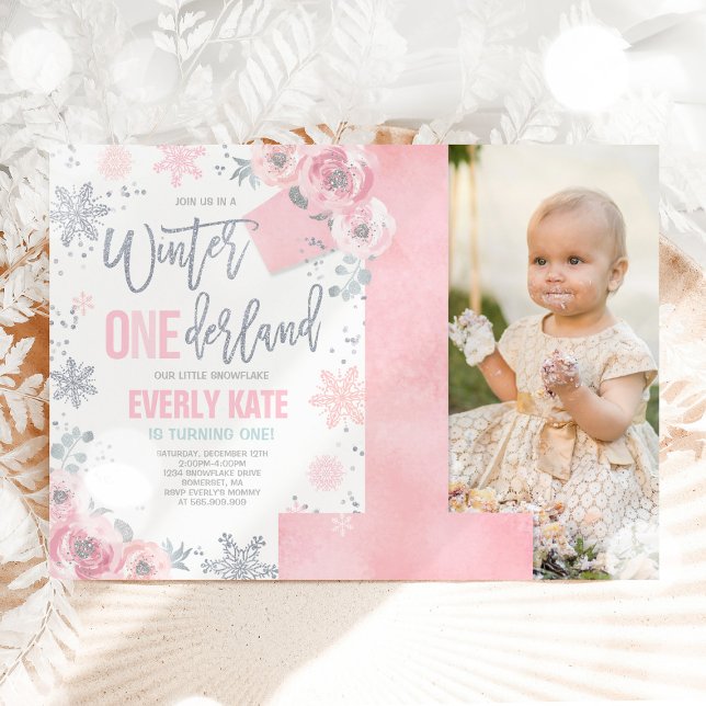 Convites Winter ONEderland Birthday Invitation Pink Silver (Criador carregado)