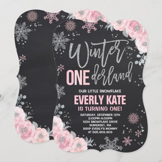Convites Winter ONEderland Birthday Invitation Pink Silver (Frente/Verso)