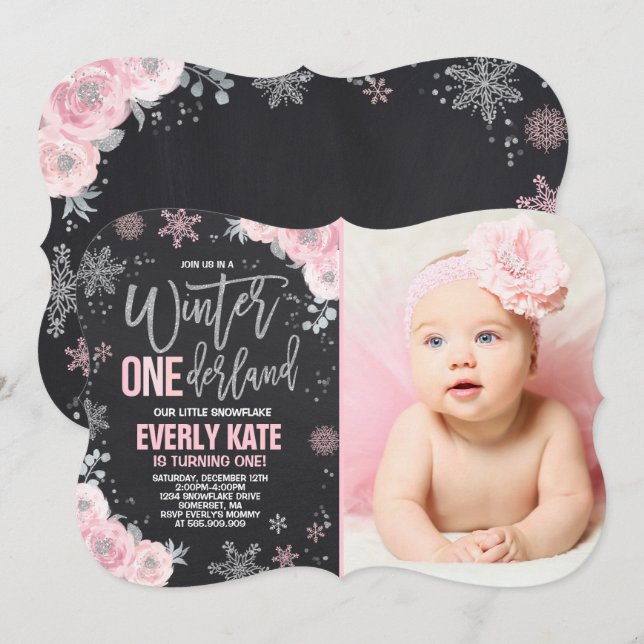 Convites Winter ONEderland Birthday Invitation Pink Silver (Frente/Verso)