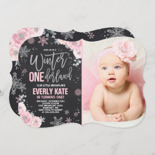 Convites Winter ONEderland Birthday Invitation Pink Silver