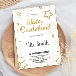 Convites Winter ONEderland Birthday Invoca Ouro Star