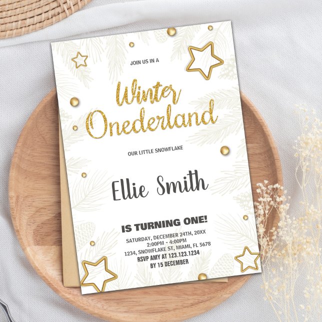 Convites Winter ONEderland Birthday Invoca Ouro Star (Winter ONEderland Birthday Invitations Star Golden)