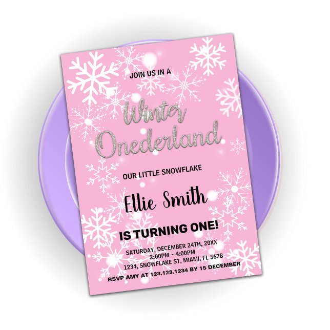 Convites Winter Onederland Birthday Invoca Prata Rosa (Winter Onederland Birthday Invitations Pink Silver)