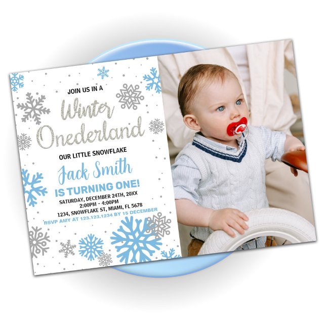 Convites Winter Onederland Birthday Invtions Blue Photo (Winter Onederland Birthday Invitations Blue Photo)