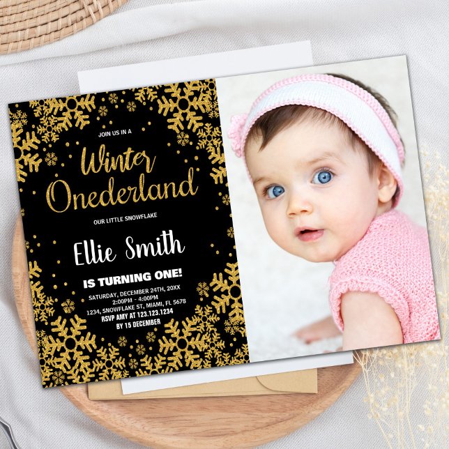 Convites Winter ONEderland Birthday Invtions Foto Dourada (Winter ONEderland Birthday Invitations Gold Photo)