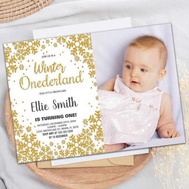 Convites Winter ONEderland Birthday Invtions Foto Dourada (Winter ONEderland Birthday Invitations Gold Photo)