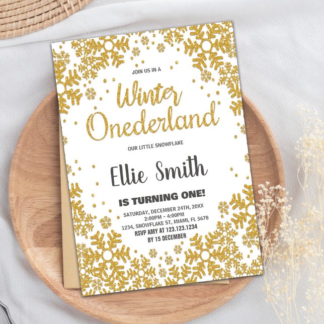 Convites Winter ONEderland Birthday Invtions Ouro (Winter ONEderland Birthday Invitations Golden)