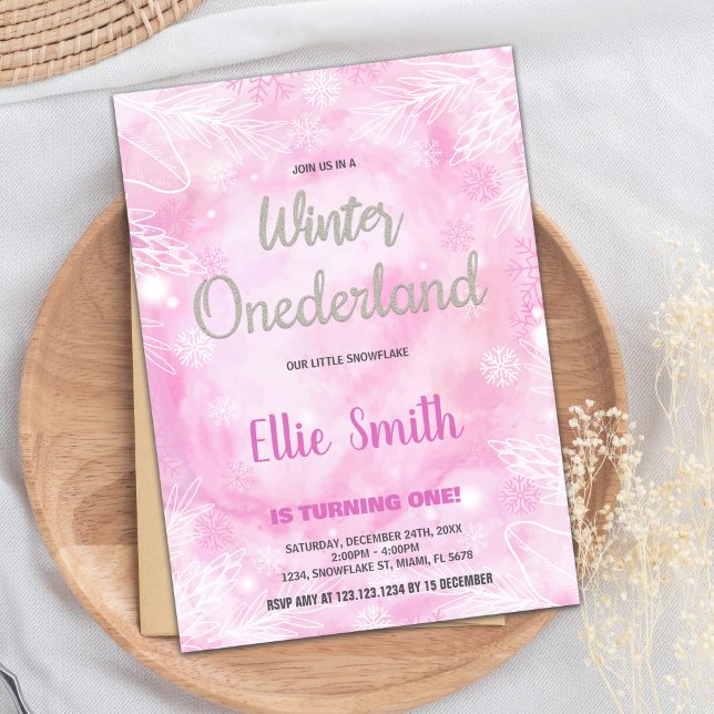 Convites Winter ONEderland Birthday Invtions Pink Glitt (Winter ONEderland Birthday Invitations Pink Glitte)