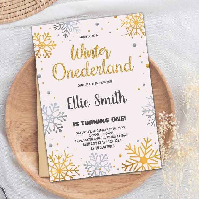 Convites Winter ONEderland Birthday Invtions Snow Ouro (Winter ONEderland Birthday Invitations Snow Golden)