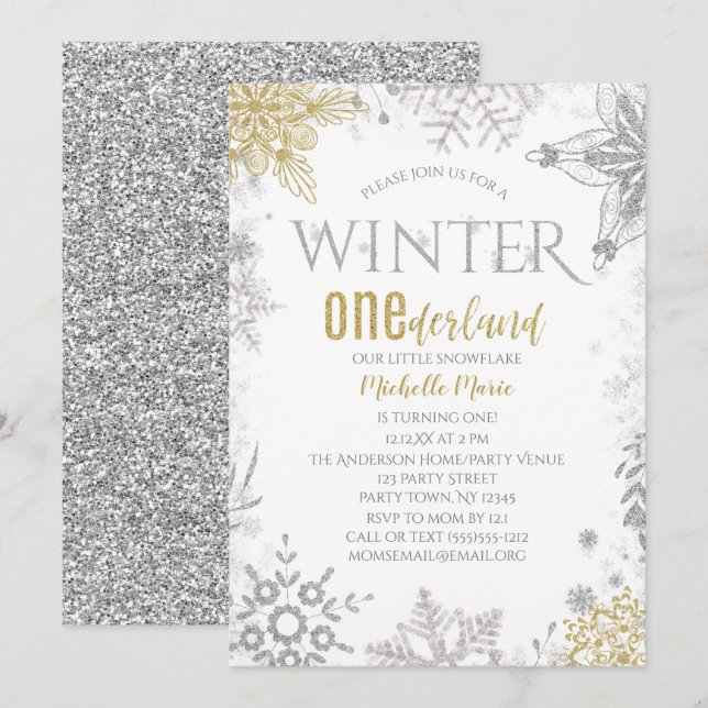 Convites Winter Onederland Birthday Silver Dourado Floco de (Frente/Verso)